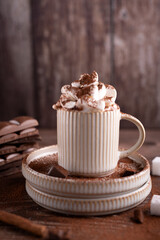 photography, chocolate, cup, decoration, drink, table, food, sweet food, gourmet, hot drink, coffee cup, cappuccino, liquid, coffee - drink, milk, latte, breakfast, snack, cafe