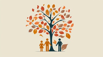 A family of three standing under a tree with falling leaves.