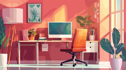 Modern stylish workplace near color wall Vector illustration