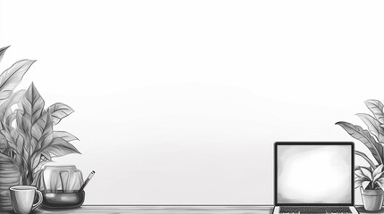 Continuous line drawing. Computer monitor with keyboard and mouse. illustration