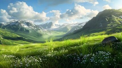 Obraz premium green valley with flowers landscape in the summer