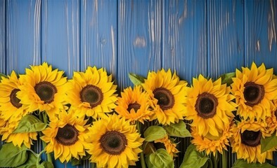 sunflowers in front of a yellow wooden background, decorative borders.