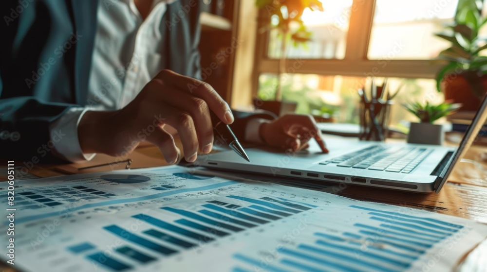 Poster a business professional is in an office, using a laptop to analyze financial charts, demonstrating p