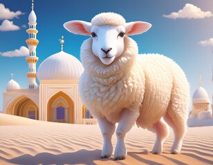 A white sheep stands on the sand against the backdrop of a mosque with domes and minarets