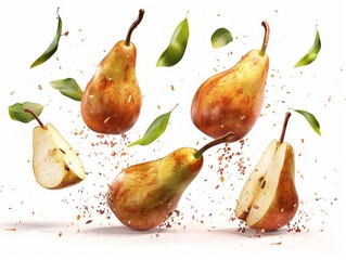 Pearfection in Flight: Capturing delicious pears suspended in mid-air on a white background - AR 4:3 - Powered by Adobe