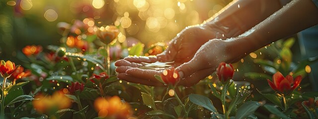 Home garden at sunrise with dew on plants, close up on hands tending to flowers, symbolizing care and growth, perfect for gardening and lifestyle themes.