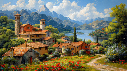 Idyllic Village Life: Oil painting of a peaceful village surrounded by fields and forests