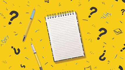 Notebook with paper quiz card and question marks on 