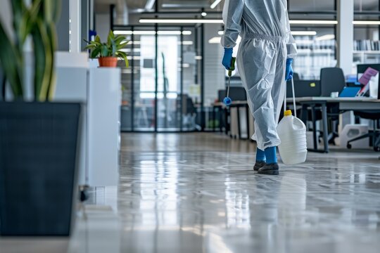 A cleaner sanitizing and disinfecting high-touch surfaces in an office space, promoting a healthy work environment, Generative AI