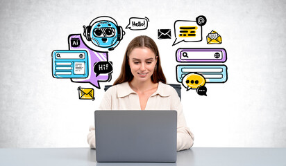 Smiling woman using laptop and chat bot doodle with communication icons