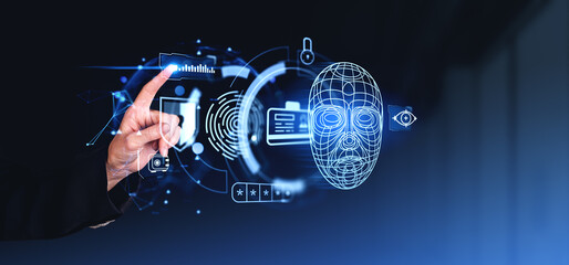 Woman finger touch biometric scanning and digital hologram, data access