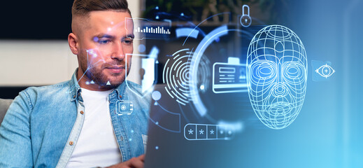 Man working with computer, face id scanning digital hologram and data access