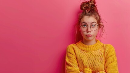 A humorous girl brought a touch of comedy to the scene, set against a vibrant pink background, in high resolution