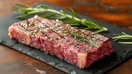 A succulent piece of marbled beef steak, seasoned with aromatic herbs, elegantly presented on a sleek black slate board