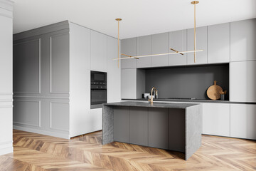 Modern home kitchen interior with bar countertop and sink, stove and kitchenware