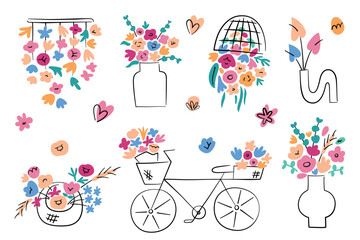 Set of vases and hanging with flowers, floral home decor collection, bouquets in ceramic pots and baskets, florist shop doodles, vector illustrations of interior decoration for celebrations, weddings