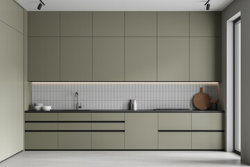 Stylish home kitchen interior with sink and stove, panoramic window