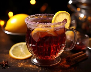 Mulled tea with lemon and spices on a dark background.