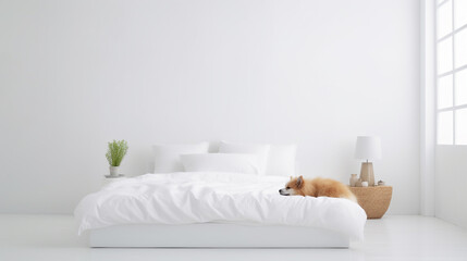 Happy dog in luxurious bright colors scandinavian style bedroom with king-size bed. Pets friendly hotel or home room.
