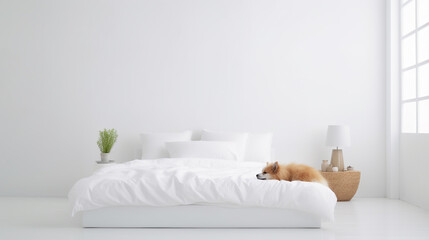 Fototapeta na wymiar Happy dog in luxurious bright colors scandinavian style bedroom with king-size bed. Pets friendly hotel or home room.