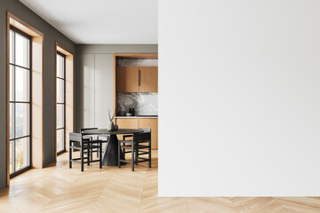 Home kitchen interior with eating table and cabinet, window. Mockup wall