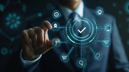 A businessman is seen engaging with a futuristic digital interface in a technologythemed concept. The scene includes a range of hightech elements such as holograms and touchscreens