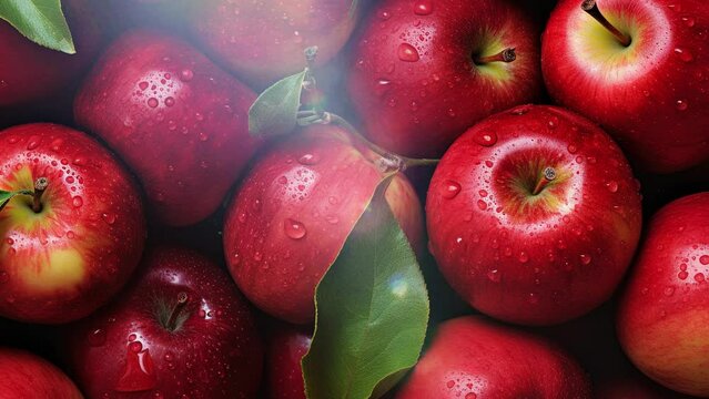 Red apples background tile. Red apples in the market. Red apples pattern background. Fresh Red apples fruit with drops tiles video. Fruit wallpaper. Fruits background. 4K Videos