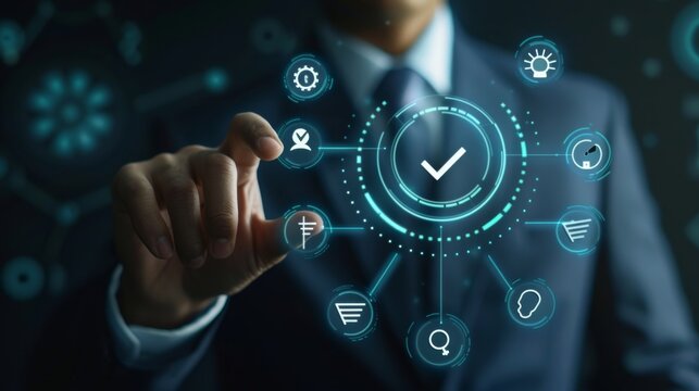 A businessman is seen engaging with a futuristic digital interface in a technologythemed concept. The scene includes a range of hightech elements such as holograms and touchscreens