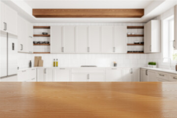 Wooden countertop is shown with a blurred modern kitchen background. Bright and airy kitchen concept. 3D Rendering.