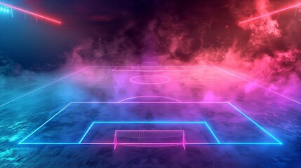A textured soccer field including neon fog in the middle of midfield, space, Generative AI.