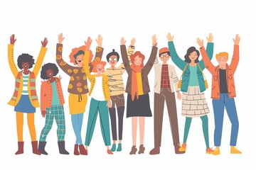 Obraz premium Group of different friends waving and smiling, friendship, Vector illustration.