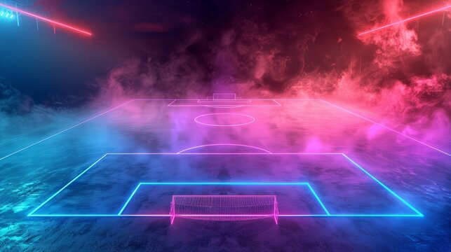 A textured soccer field including neon fog in the middle of midfield, space, Generative AI. - Powered by Adobe