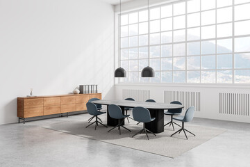 Cozy office meeting room interior with board, drawer and panoramic window