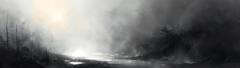 Obraz premium Abstract light and shadow play, panoramic, in a monochrome landscape, vibrant, visual miracle