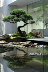 A minimalist Japanese garden with bonsai tree and a still calm pool, incorporating rocks, moss. 