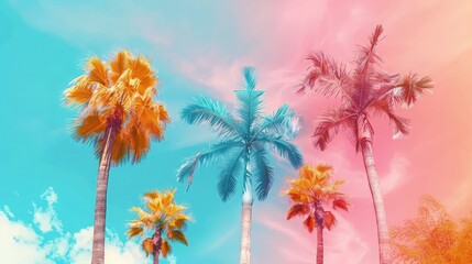 Obraz premium A serene and surreal landscape featuring date trees with leaves painted in soft shades of lavender and baby blue, under a sky filled with pastel pink and light blue clouds