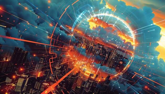 Cyber cloud architecture, eyelevel, with holographic connections, dynamic angle, computing future