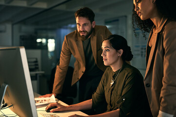 Teamwork, computer and business people at night for planning, online networking and discussion. Office, creative startup and men and women on pc screen for research, website and meeting at desk