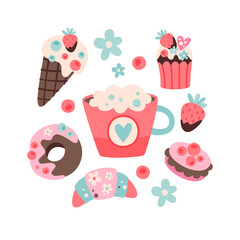 Set of sweets and coffee. Image of muffin, croissant donuts and macarons.