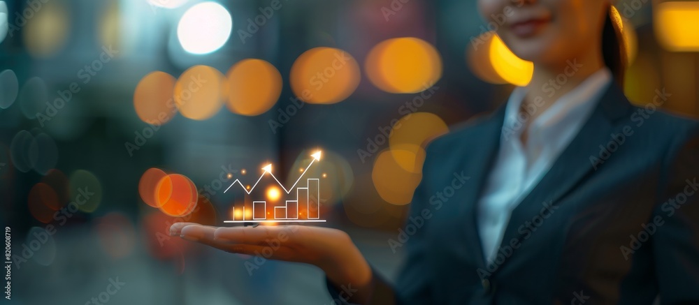Poster a businesswoman showcasing a digital graph interface in an office park setting with professional and