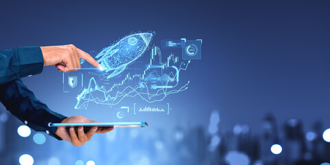 Businessman with tablet finger touch rocket, forex statistics and graph chart