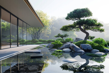 A minimalist Japanese garden with bonsai tree and a still calm pool, incorporating rocks, moss. 