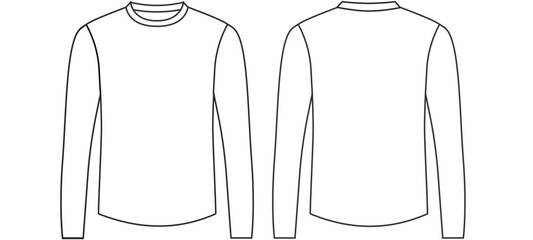 Men's long sleeve Crew neck T Shirt flat sketch fashion illustration drawing template mock up with front and back view