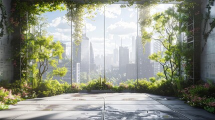 An open square floor adorned with greenery, set against the backdrop of a city skyline and buildings. Document the same landscape across all four seasons. Generative AI