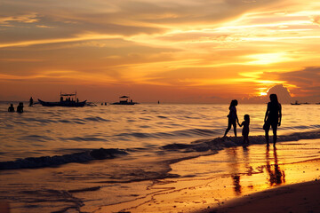 Silhouetted family walking along the beach during a stunning sunset