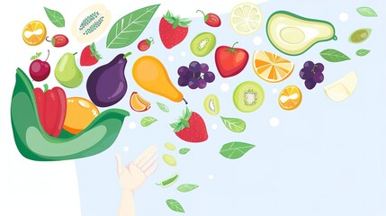 Naklejka premium A variety of fruits and vegetables are depicted in a colorful and vibrant illustration