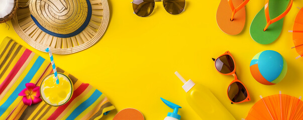 Colorful summer essentials laid out on a bright yellow background