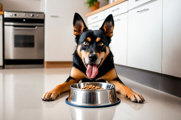 A cutie dog with food metal bowl is hungry on kitchen