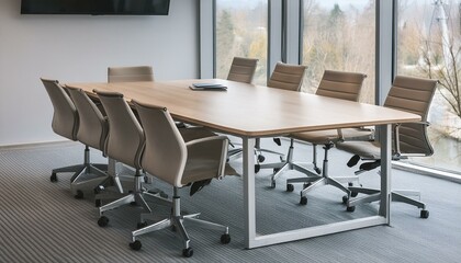 Refined Collaboration: A Minimalist Conference Room Interior Design"chair, table, room, office, interior, business, meeting, desk
