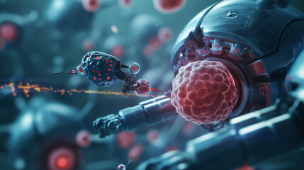 Nano robots are shown performing medical procedures at the cellular level or repairing damaged tissue, cancer cells.